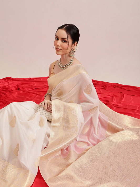 Women's Cotton Blend  Jamdani Saree with Unstitched Blouse Piece