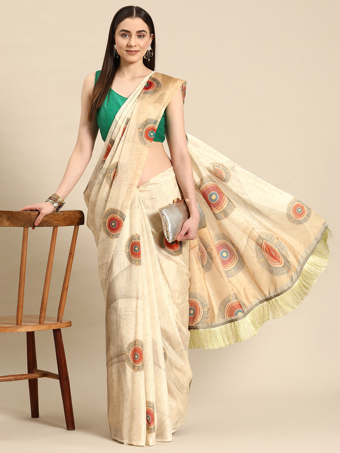 Soft Silk Digital Printed Saree With Fringe Tassels