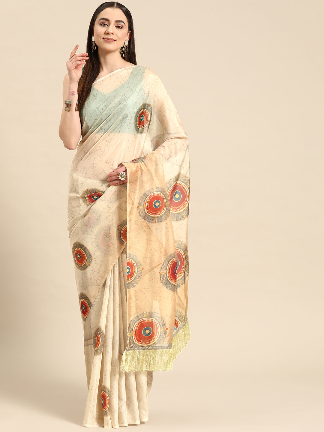 Soft Silk Digital Printed Saree With Fringe Tassels