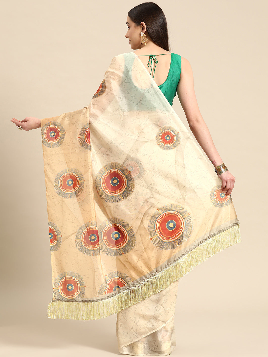 Soft Silk Digital Printed Saree With Fringe Tassels