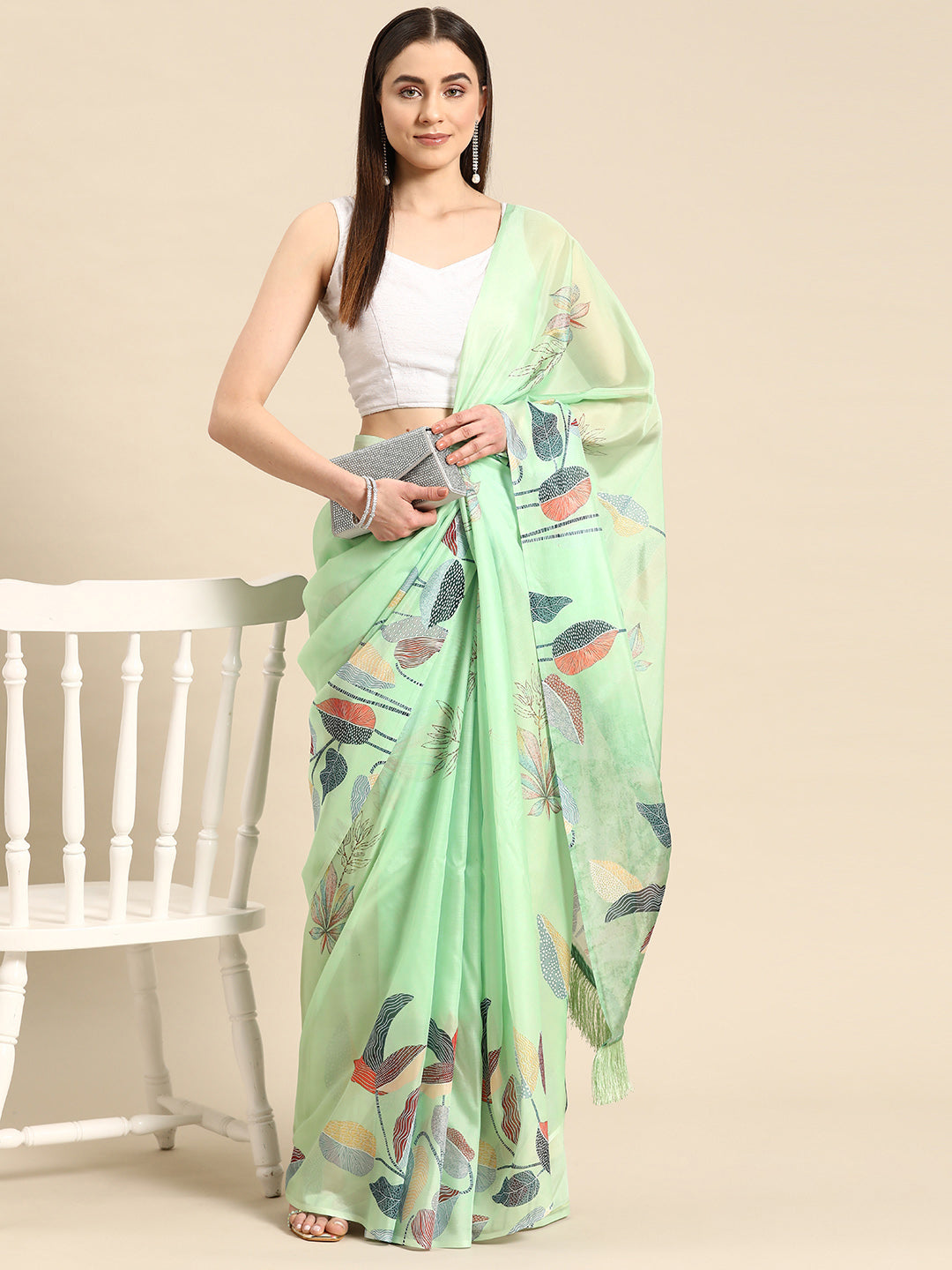 Soft Silk Digital Printed Saree With Fringe Tassels