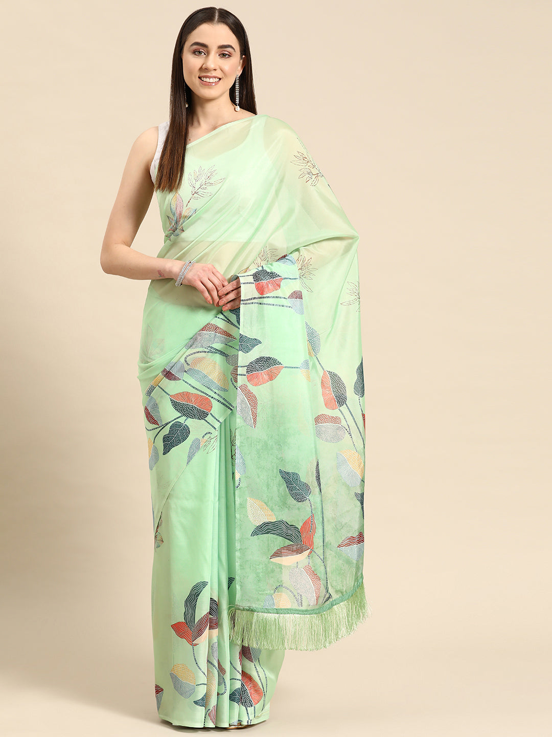Soft Silk Digital Printed Saree With Fringe Tassels
