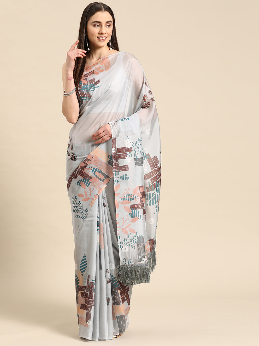 Soft Silk Digital Printed Saree With Fringe Tassels