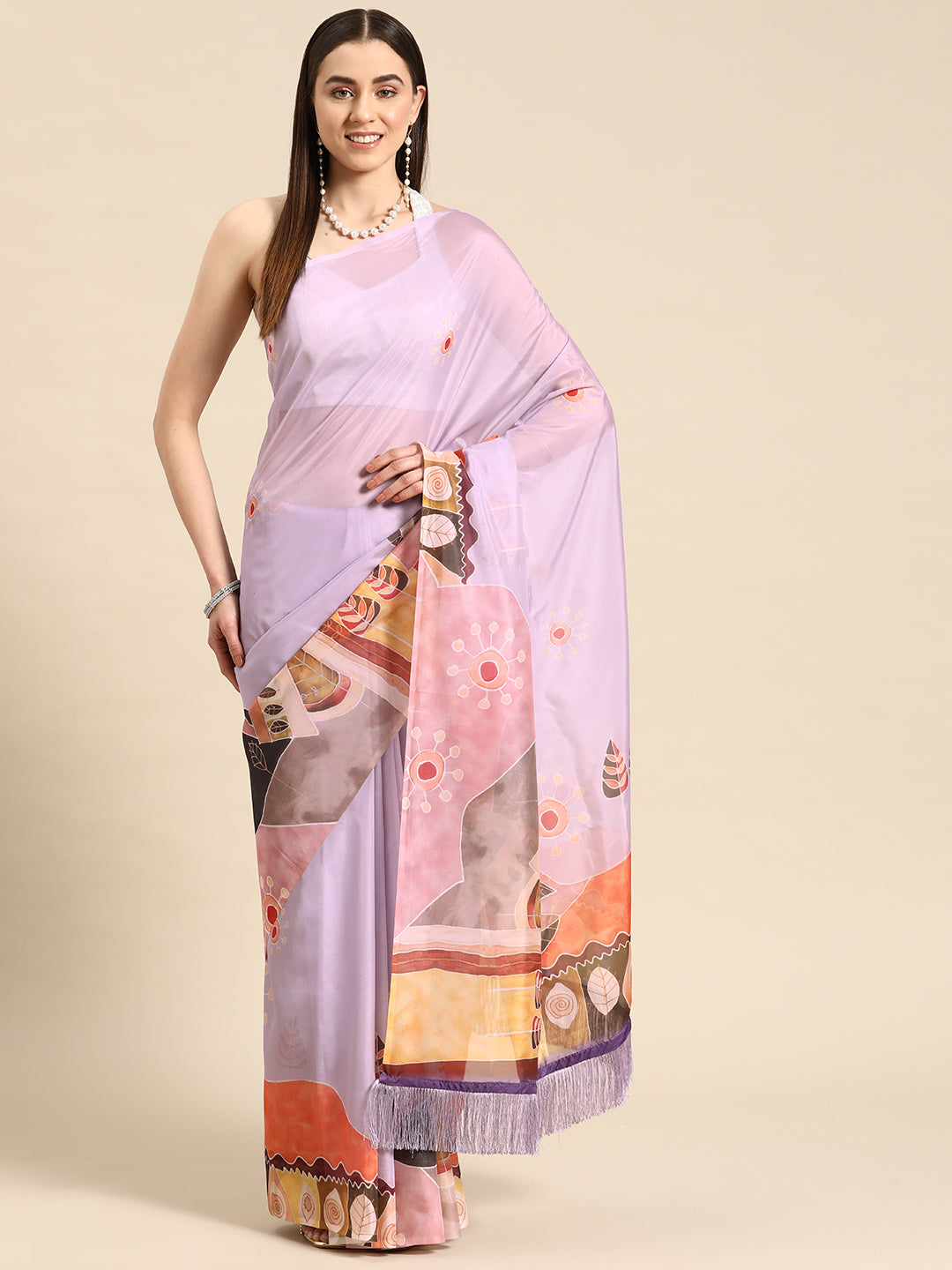 Soft Silk Digital Printed Saree With Fringe Tassels