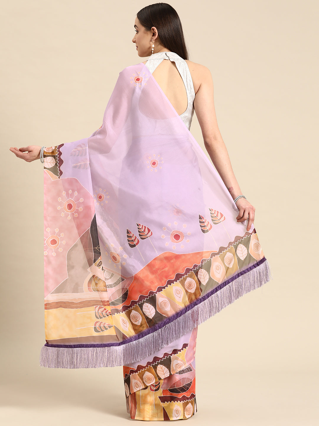 Soft Silk Digital Printed Saree With Fringe Tassels