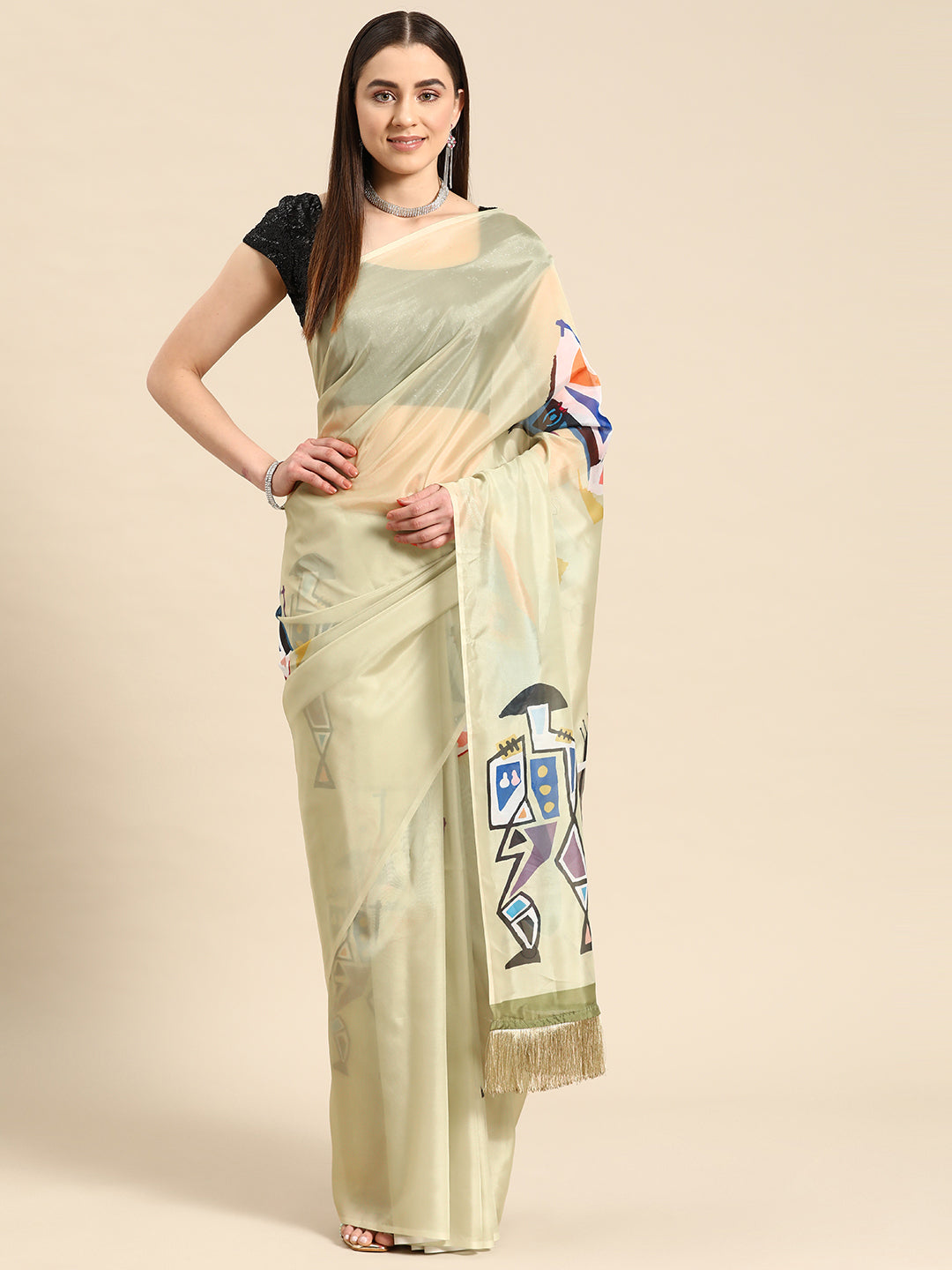 Soft Silk Digital Printed Saree With Fringe Tassels