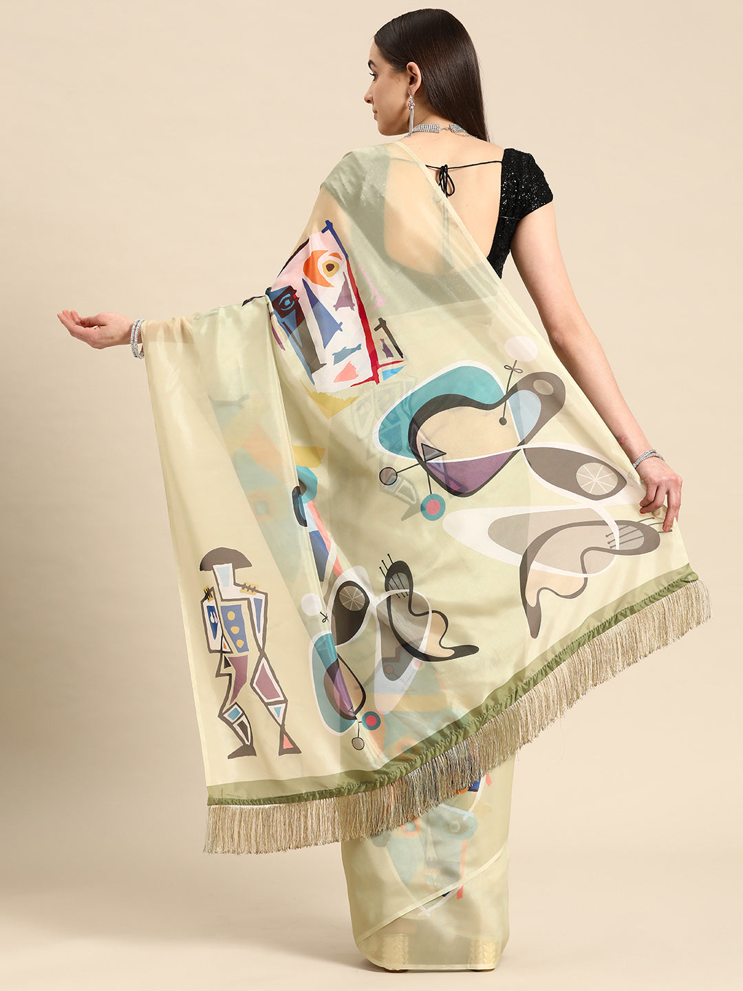 Soft Silk Digital Printed Saree With Fringe Tassels