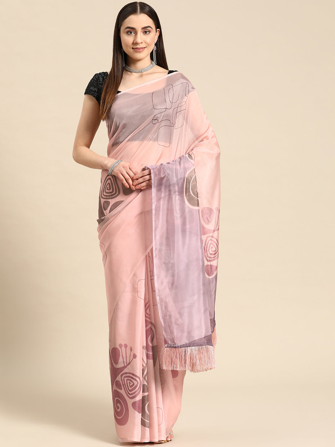 Soft Silk Digital Printed Saree With Fringe Tassels