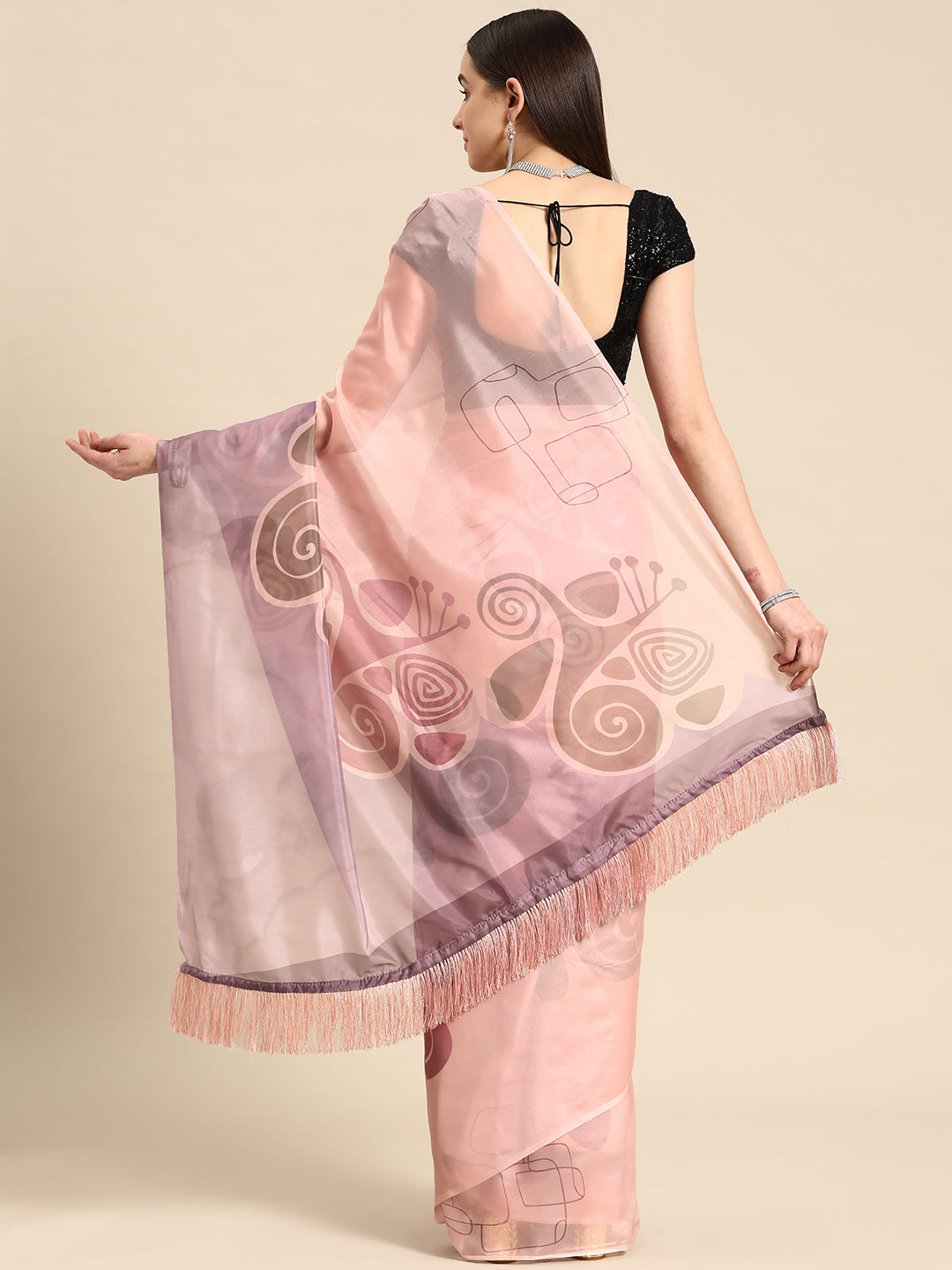 Soft Silk Digital Printed Saree With Fringe Tassels
