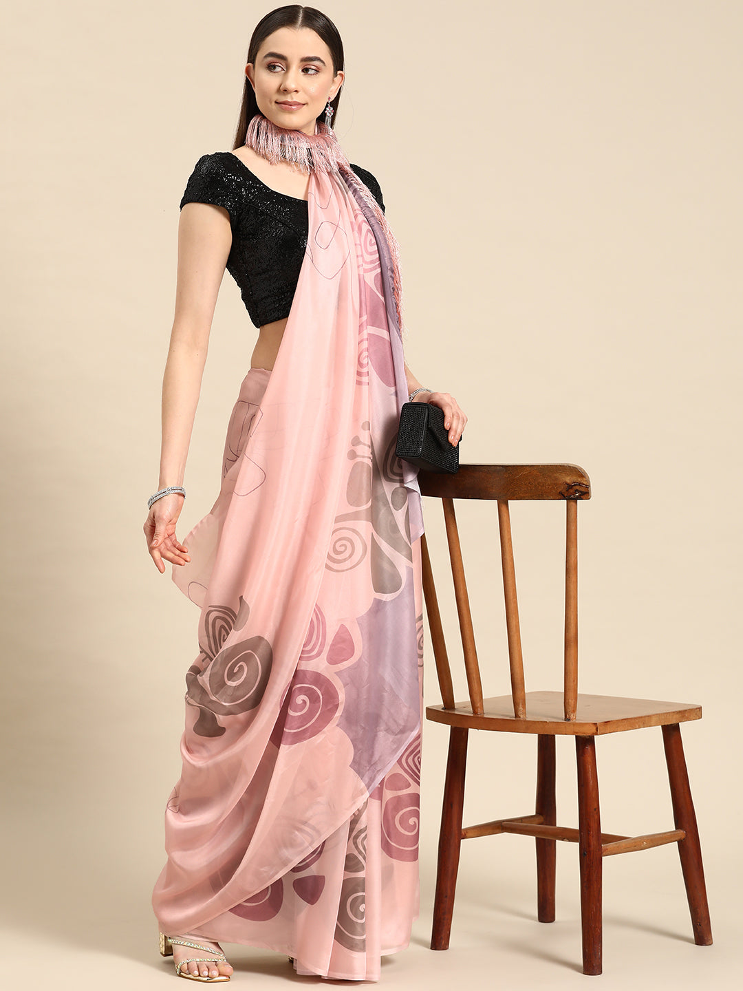 Soft Silk Digital Printed Saree With Fringe Tassels