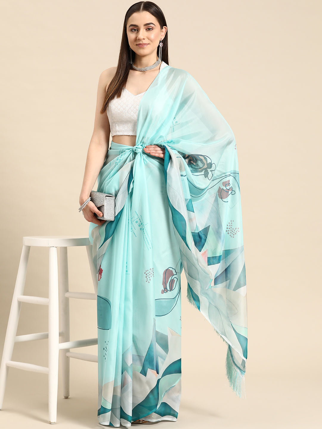 Soft Silk Digital Printed Saree With Fringe Tassels