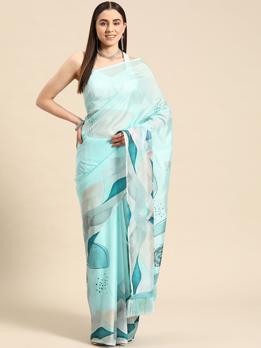 Soft Silk Digital Printed Saree With Fringe Tassels