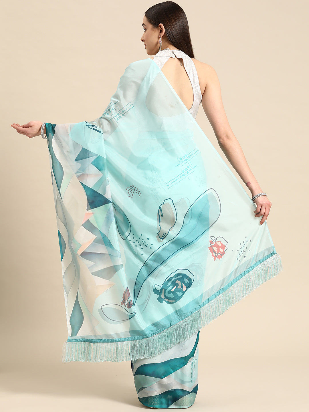 Soft Silk Digital Printed Saree With Fringe Tassels