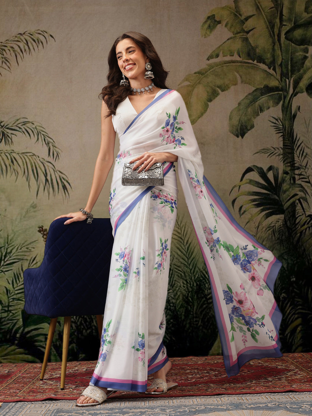 Bollywood Inspired Floral Digital Print Satin Saree