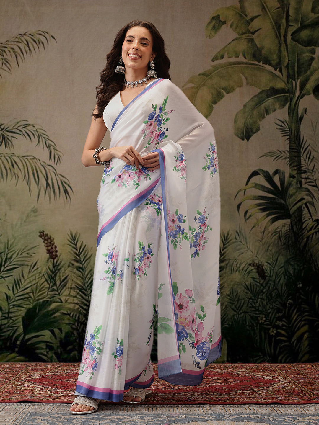 Bollywood Inspired Floral Digital Print Satin Saree