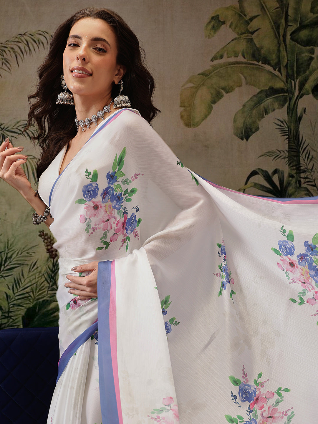 Bollywood Inspired Floral Digital Print Satin Saree