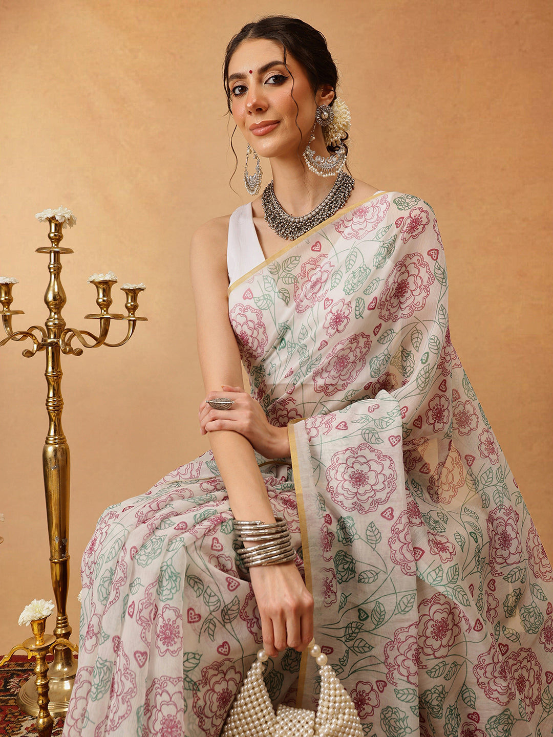 Floral Printed Kalamkari Chanderi Saree