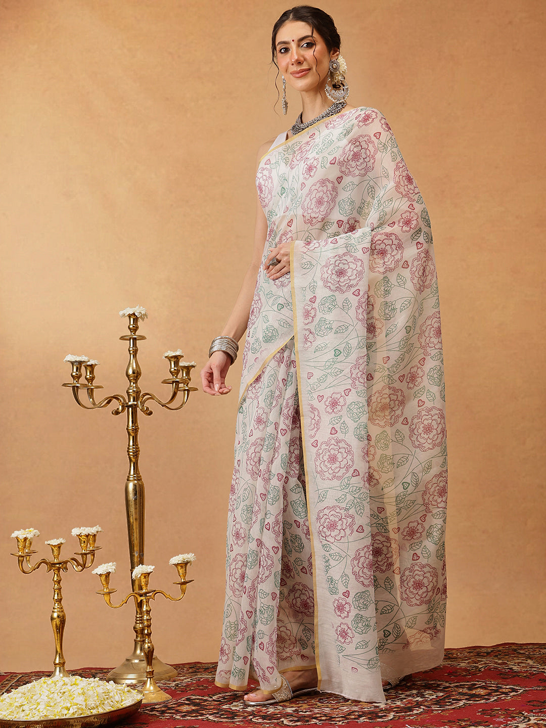 Floral Printed Kalamkari Chanderi Saree