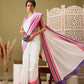 Work Wear Solid White Kasau Saree With Multicolor Zari Woven Border