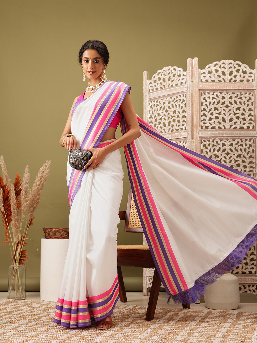 Work Wear Solid White Kasau Saree With Multicolor Zari Woven Border