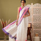 Work Wear Solid White Kasau Saree With Multicolor Zari Woven Border