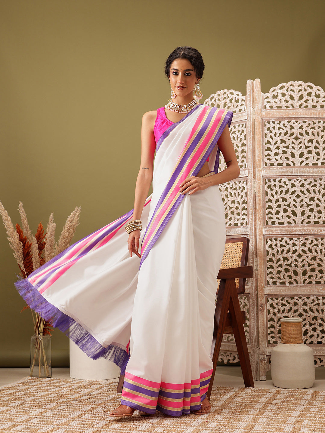 Work Wear Solid White Kasau Saree With Multicolor Zari Woven Border