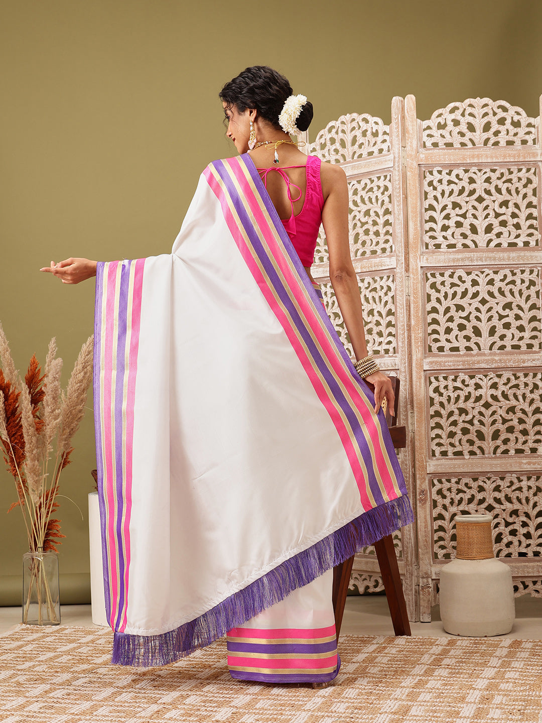 Work Wear Solid White Kasau Saree With Multicolor Zari Woven Border