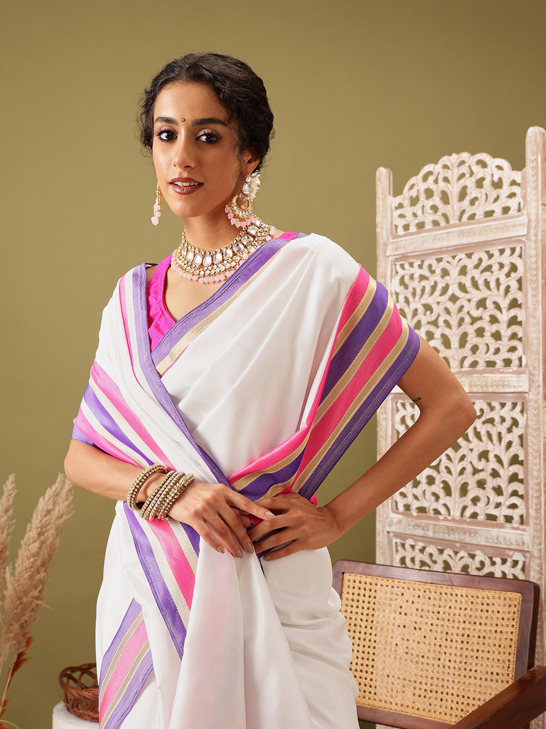 Work Wear Solid White Kasau Saree With Multicolor Zari Woven Border
