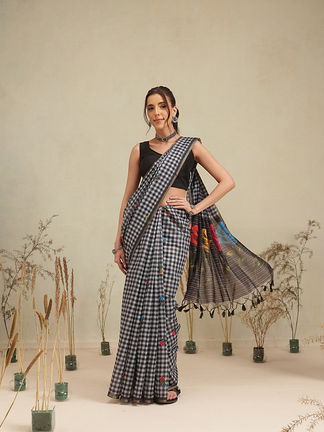 Black Multicolor Rose Digital Printed Chanderi Saree