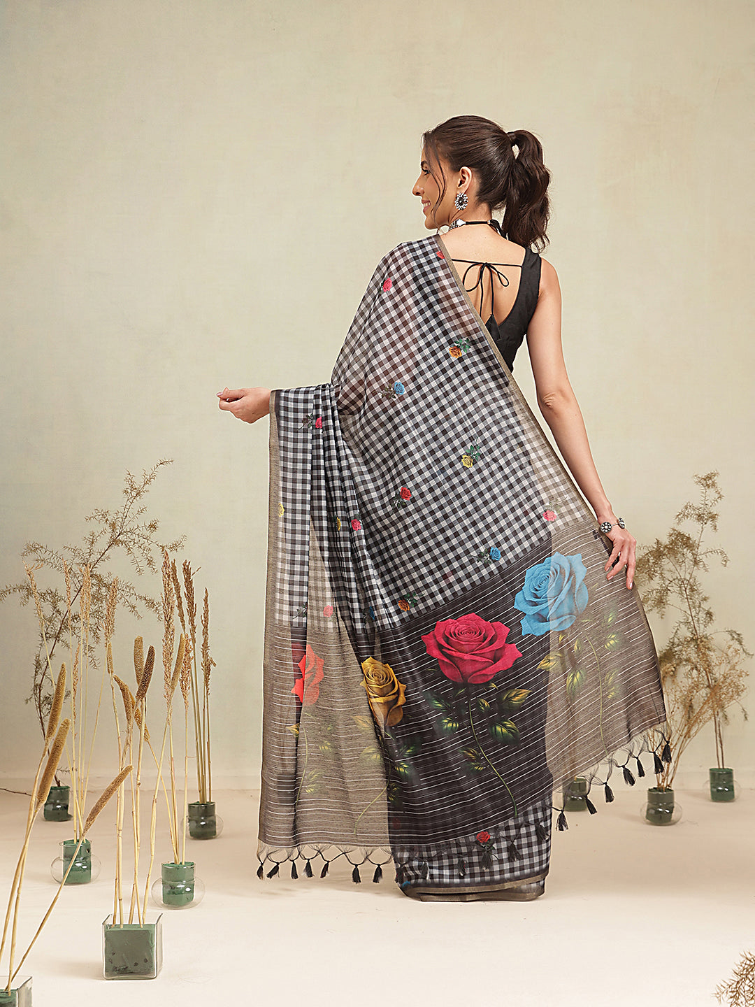 Black Multicolor Rose Digital Printed Chanderi Saree