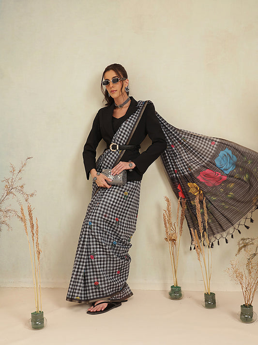 Black Multicolor Rose Digital Printed Chanderi Saree