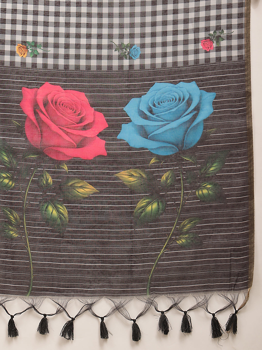 Black Multicolor Rose Digital Printed Chanderi Saree