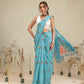 Digital Printed Sky Blue Floral Checks Chanderi Saree