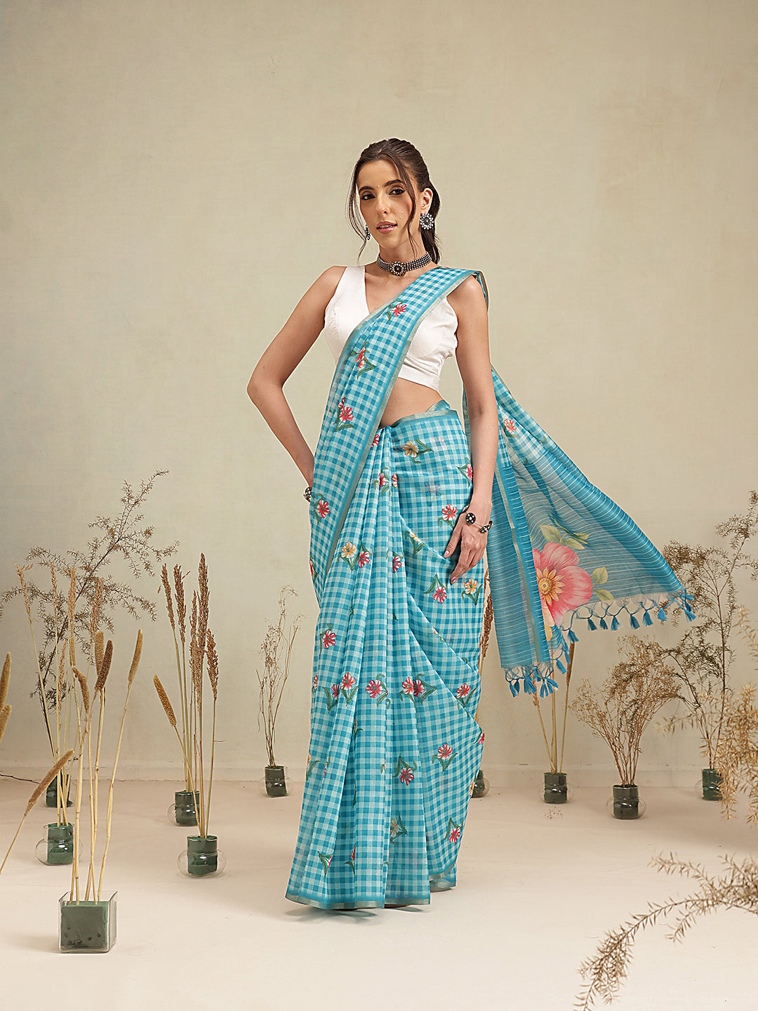 Digital Printed Sky Blue Floral Checks Chanderi Saree