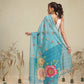 Digital Printed Sky Blue Floral Checks Chanderi Saree