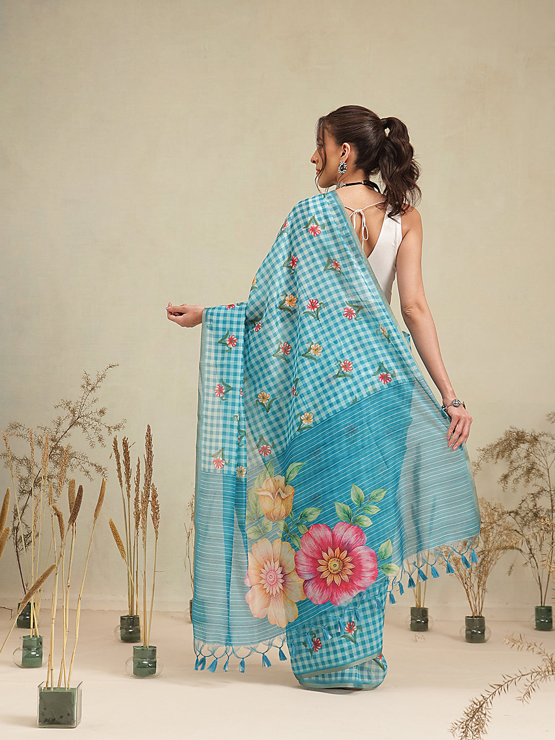 Digital Printed Sky Blue Floral Checks Chanderi Saree