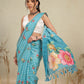 Digital Printed Sky Blue Floral Checks Chanderi Saree