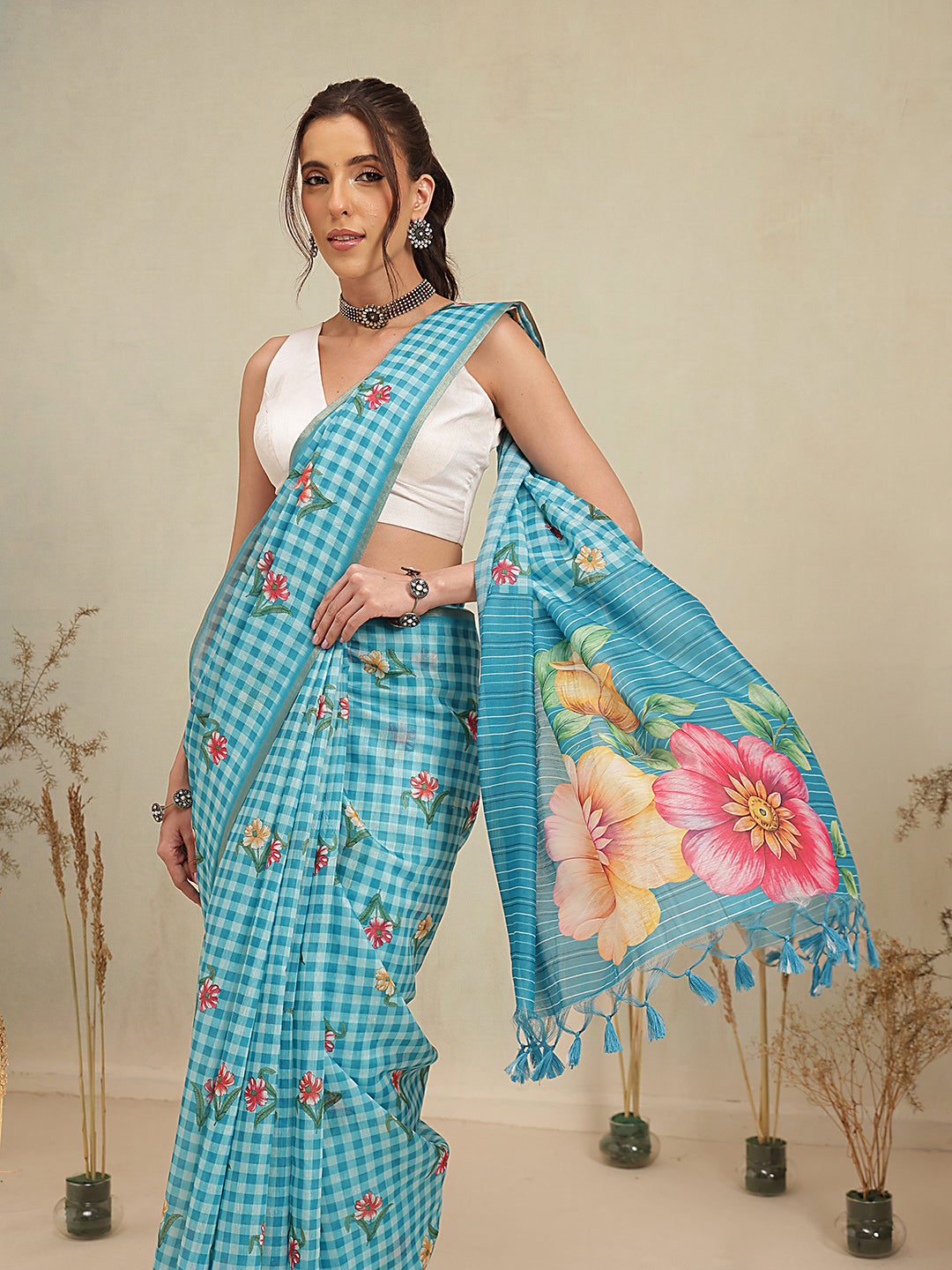Digital Printed Sky Blue Floral Checks Chanderi Saree
