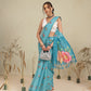 Digital Printed Sky Blue Floral Checks Chanderi Saree