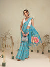 Digital Printed Sky Blue Floral Checks Chanderi Saree