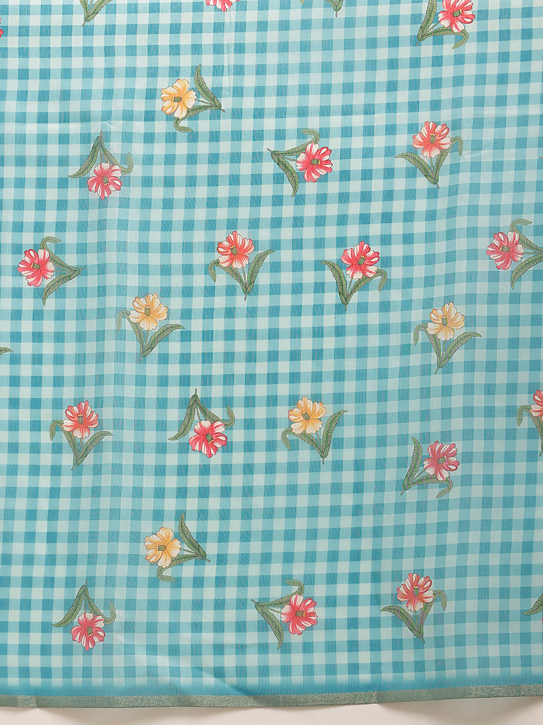 Digital Printed Sky Blue Floral Checks Chanderi Saree
