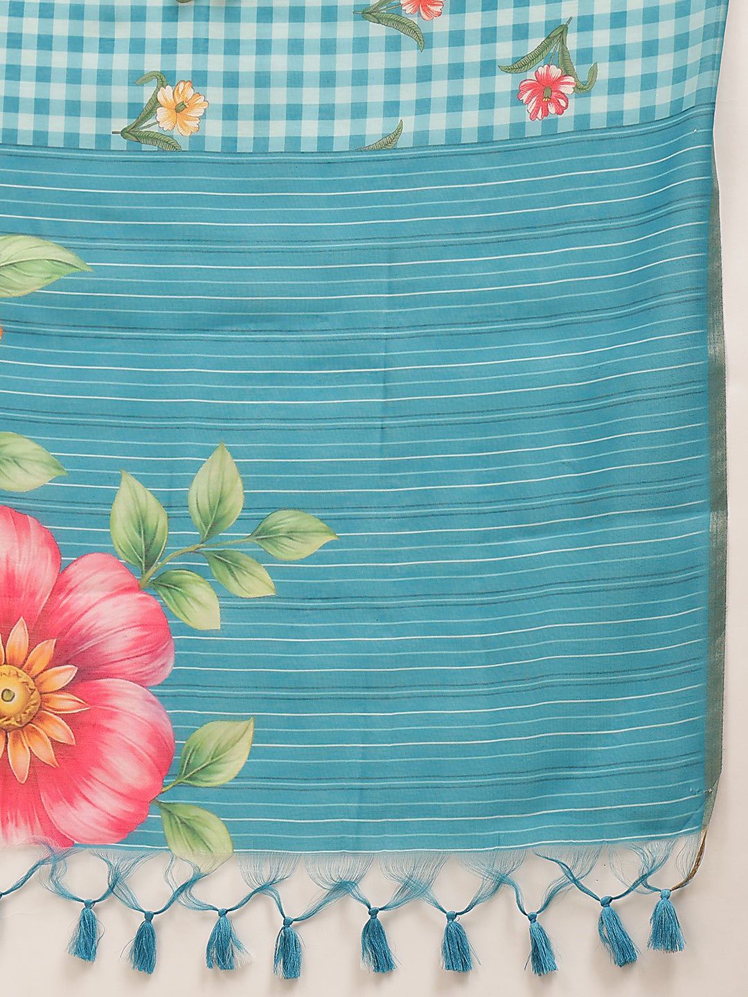 Digital Printed Sky Blue Floral Checks Chanderi Saree