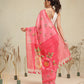 Digital Printed Rose Pink Floral Checks Chanderi Saree