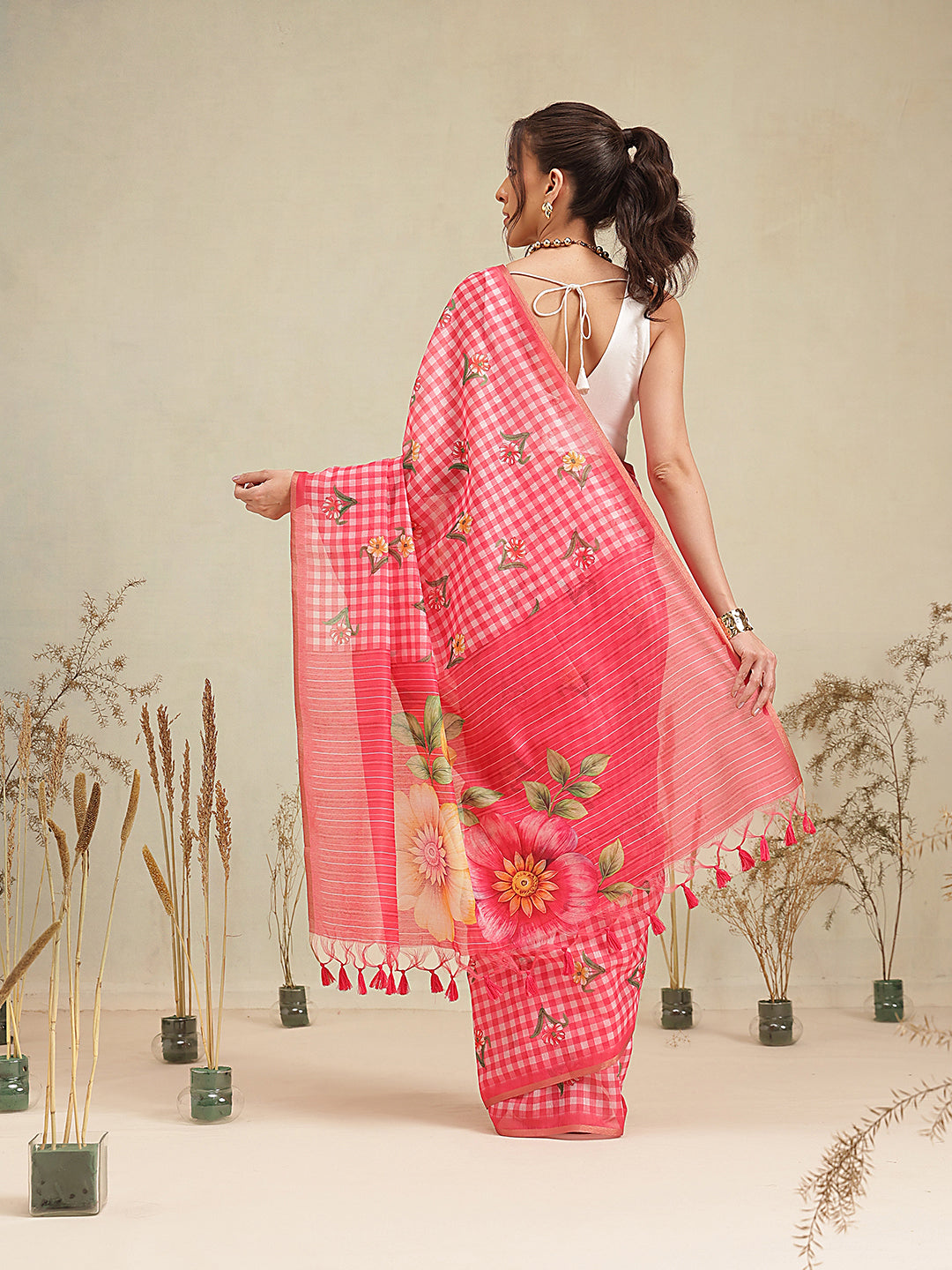 Digital Printed Rose Pink Floral Checks Chanderi Saree