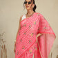 Digital Printed Rose Pink Floral Checks Chanderi Saree
