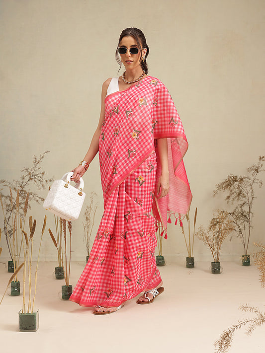 Digital Printed Rose Pink Floral Checks Chanderi Saree