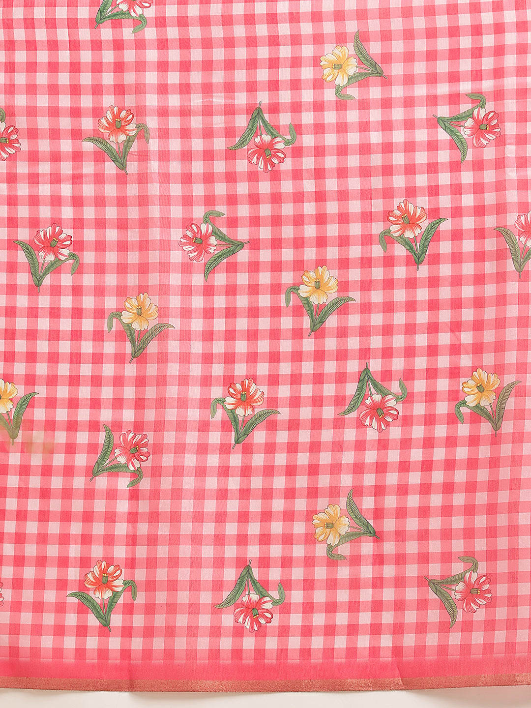 Digital Printed Rose Pink Floral Checks Chanderi Saree