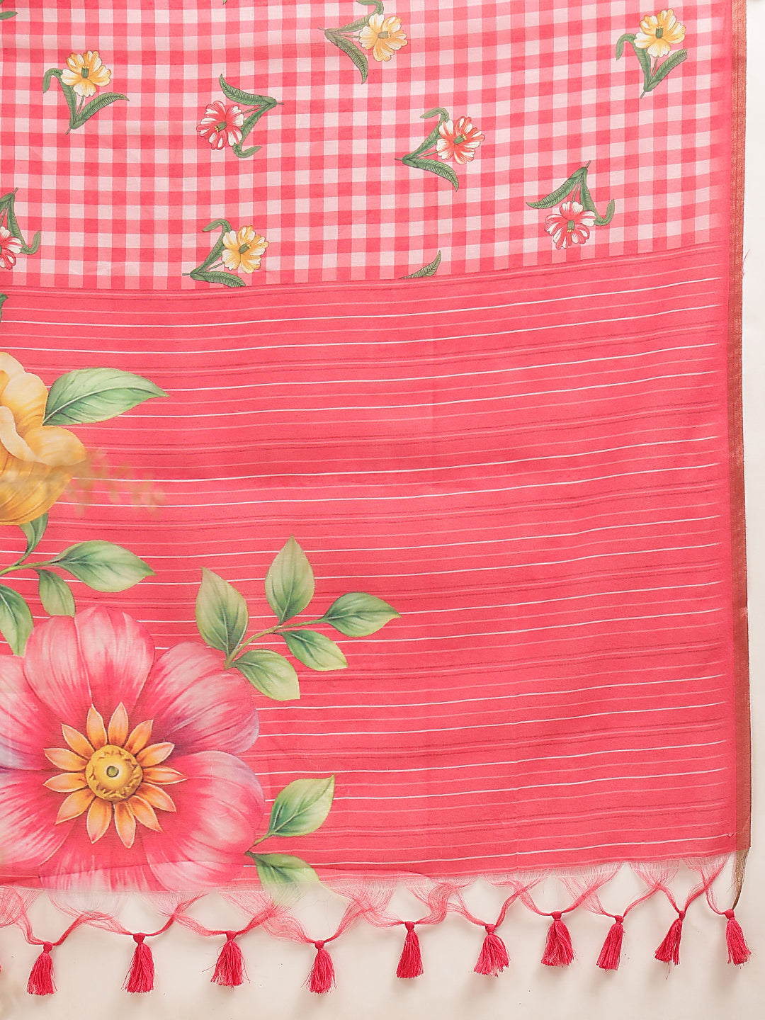 Digital Printed Rose Pink Floral Checks Chanderi Saree