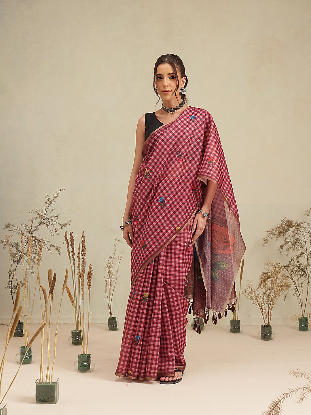 Wine Multicolor Rose Digital Printed Chanderi Saree