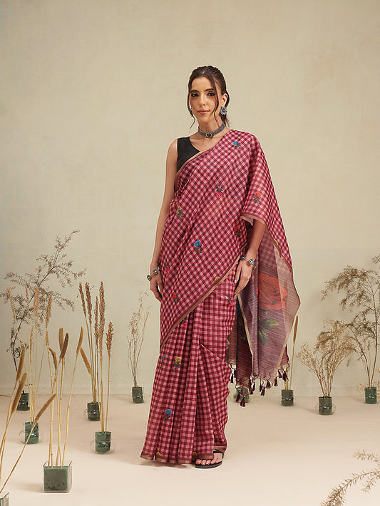 Wine Multicolor Rose Digital Printed Chanderi Saree